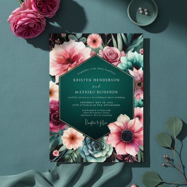 Invitation Élégance Florale Humeur Sarcelle Mariage (Créateur téléchargé)