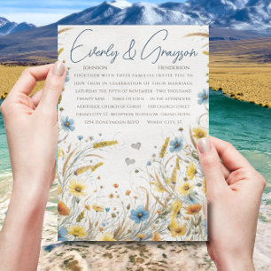 Invitation Élégance florale jaune et bleue aquarelle pour mar