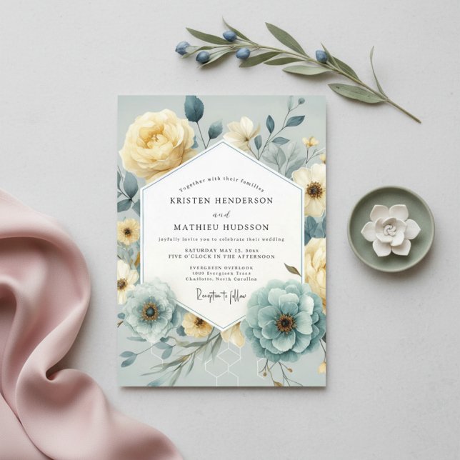 Invitation Élégance Florale Jaune Pâle de Mariage (Créateur téléchargé)