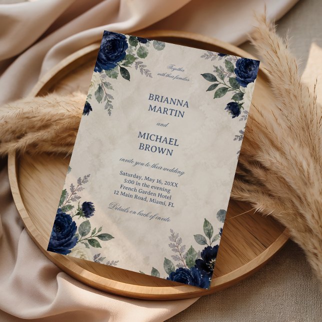 Invitation Élégance Florale Marine (Créateur téléchargé)