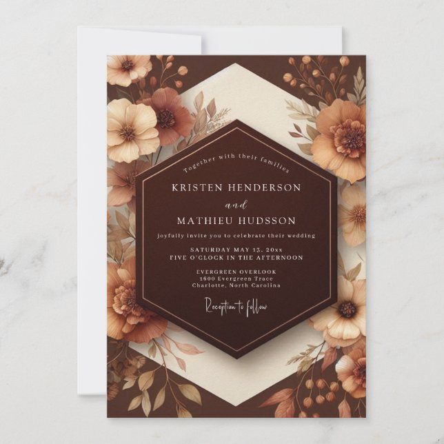 Invitation Élégance Florale Marron Terreuse de Mariage (Devant)