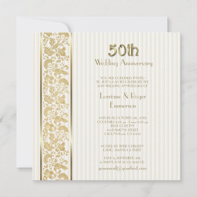 Invitation Élégance Florale Or 50e Anniversaire de Mariage (Devant)