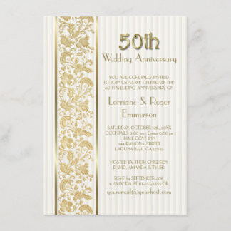 Invitation Élégance Florale Or 50ème Anniversaire de Mariage