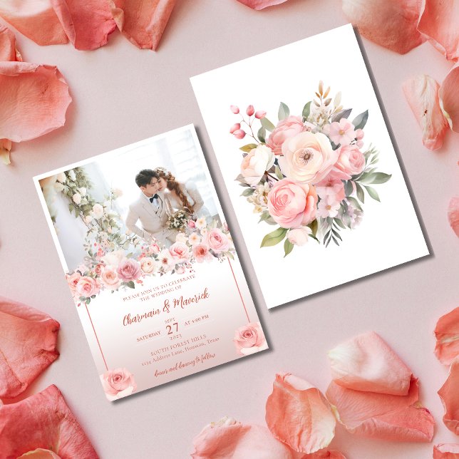 Invitation Élégance Florale Rose Dusty Avec Mariage Photo (Créateur téléchargé)