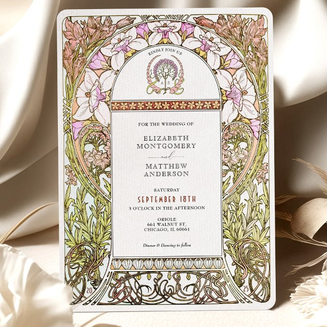 Invitation Élégance florale rose et blanc Art Nouveau Mariage (Créateur téléchargé)
