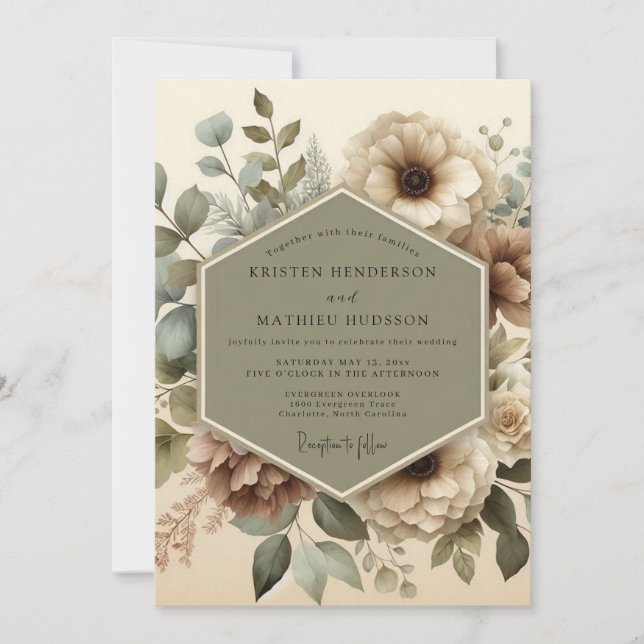 Invitation Élégance Florale Vert Olive pour Mariage (Devant)