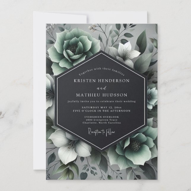 Invitation Élégance Florale Vert Sauge pour Mariage (Devant)