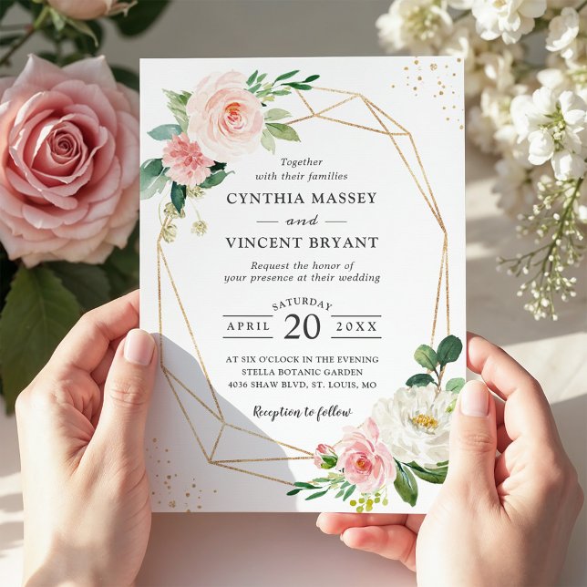 Invitation Élégance Géométrique Mariage Fleurs Rose (Créateur téléchargé)