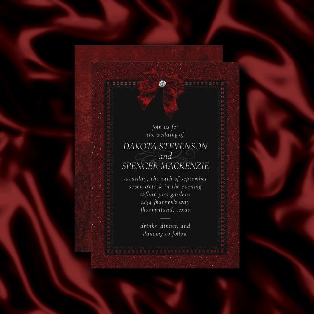 Invitation Élégance gothique | Ruby Red Dark Moody Bow Mariag (Créateur téléchargé)