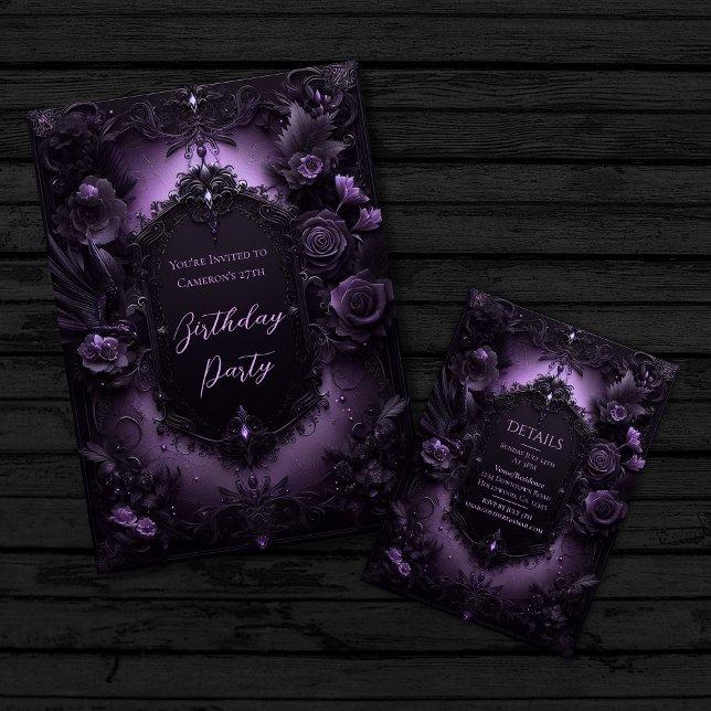Invitation Élégance gothique Violet et Noir Anniversaire (Showing front and back of invitation.
)