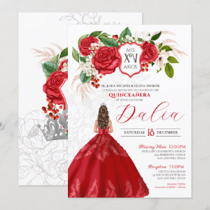 Invitation Élégance Gras Roses Rouges Crest Floral Quinceaner