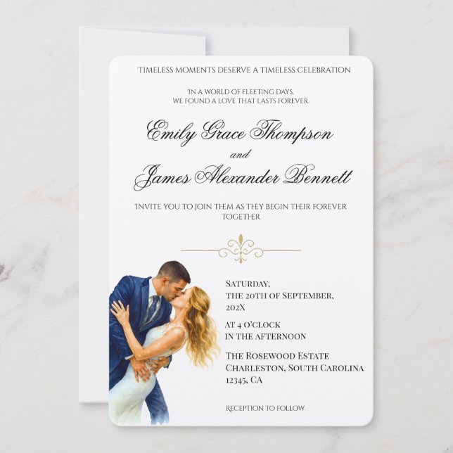 Invitation Élégance Intemporelle Mariage Romance Dorée Couple (Devant)