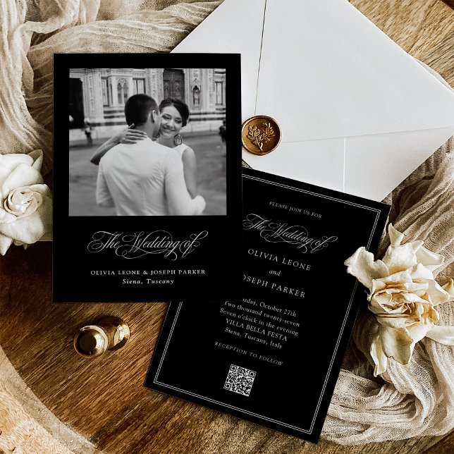 Invitation Élégance italienne noire | Code QR et Mariage phot (Créateur téléchargé)