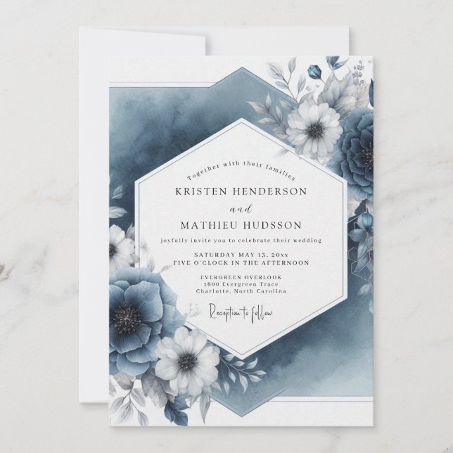 Invitation Élégance Mariage Botanique Bleu Ardoise (Devant)
