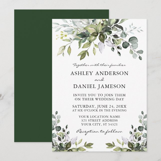 Invitation Elégance moderne Aquarelle Verdure Mariage (Devant / Derrière)