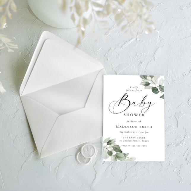 Invitation Élégance Moderne Baby Shower Feuilles Vertes (Créateur téléchargé)