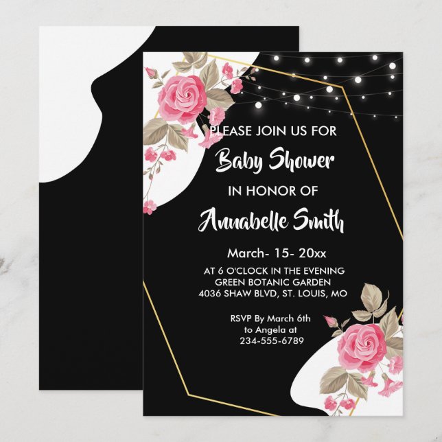 Invitation Elégance moderne Rose Floral string li Baby shower (Devant / Derrière)