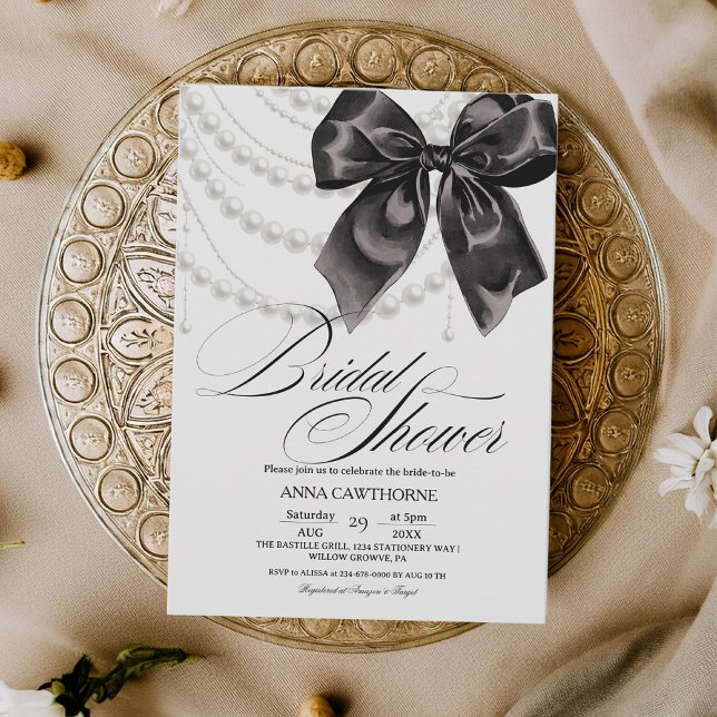 Invitation Élégance Nœud Noir Perles Mariage Douche Acrylique (Créateur téléchargé)