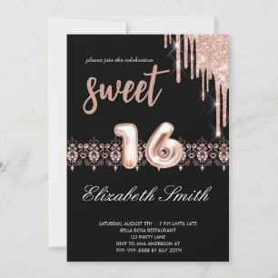 Invitation Élégance or et noir, sweet sixteen rose gold