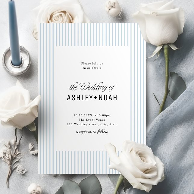 Invitation Élégance rayée bleu poussiéreux Mariage de classe (Dusty Blue Striped Elegance Classy Wedding Invitation)