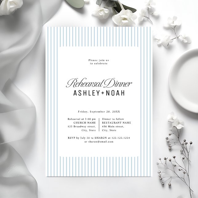 Invitation Élégance rayée bleue pour un dîner de répétition c (Blue Striped Elegance Classy Rehearsal Dinner Invitation)