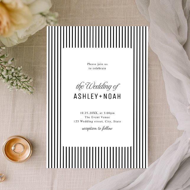 Invitation Élégance rayée noir et blanc Mariage classe (Black And White Striped Elegance Classy Wedding Invitation)