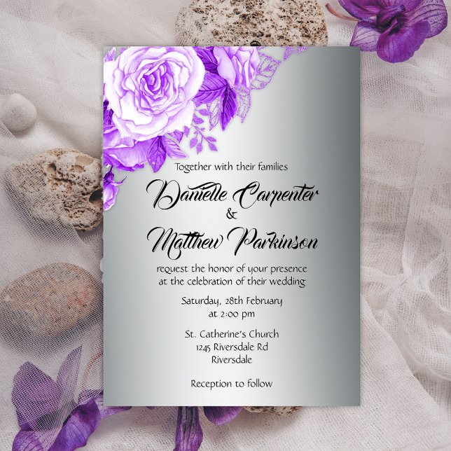 Invitation Élégance romantique Mariage Rose d'argent et viole (Créateur téléchargé)