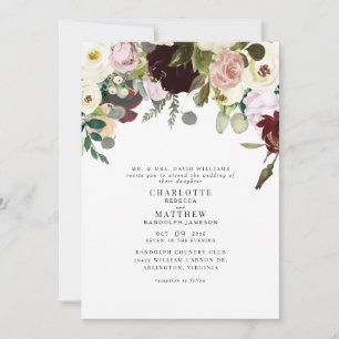 Invitation Élégance Rose Poussiéreuse & Fleurs de Mariage Bou
