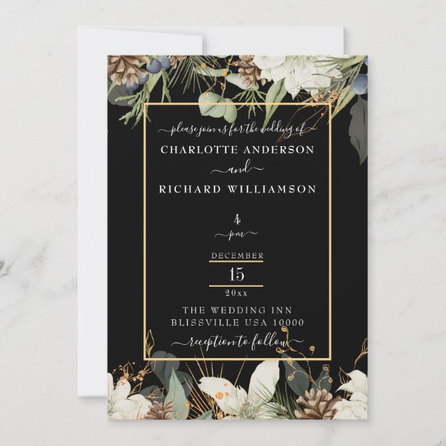 Invitation Elégance rustique, bordure en pin sur noir (Devant)