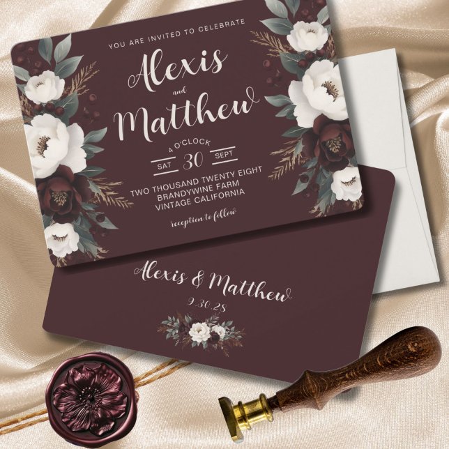 Invitation Elégance Rustique Bourgogne Floral Mariage (Boho Rustic Farmhouse Chic Modern Wedding Invitation)