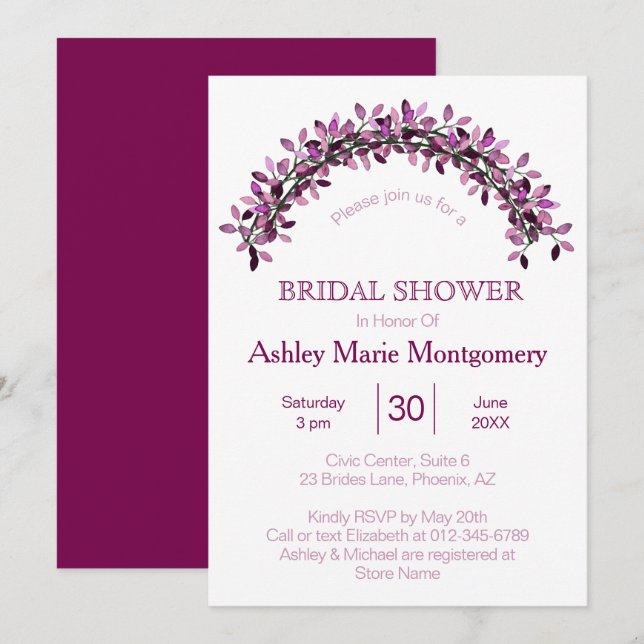 Invitation Élégance Simple Mariage Feuilles Violettes Arche (Devant / Derrière)