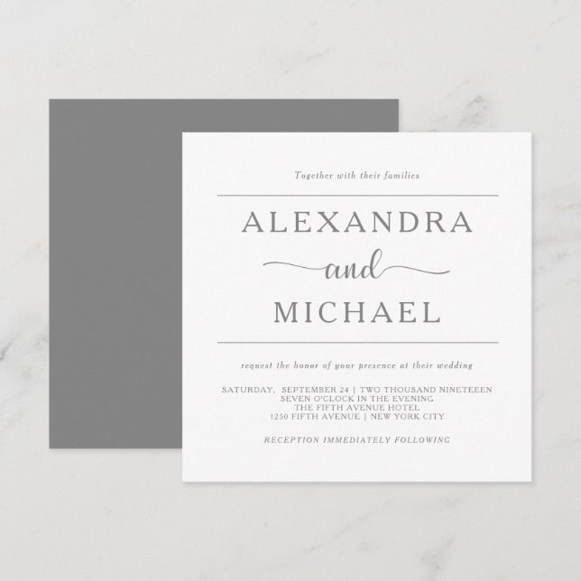 Invitation Élégance simple| Mariage gris et blanc minimal (Devant / Derrière)