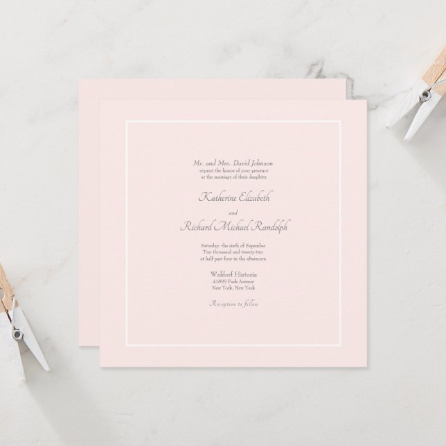 Invitation Élégance Simple Rose Mariage Formel Carré  (Devant/Arrière en situation)