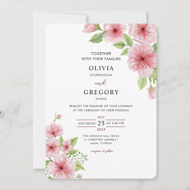 Invitation Elegance Spring Watercolor Cherry Blossoms Mariage (Devant)