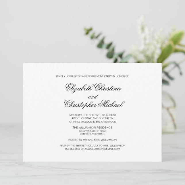 Invitation Élégance Traditionnelle Noir et Blanc Engagement (Debout devant)