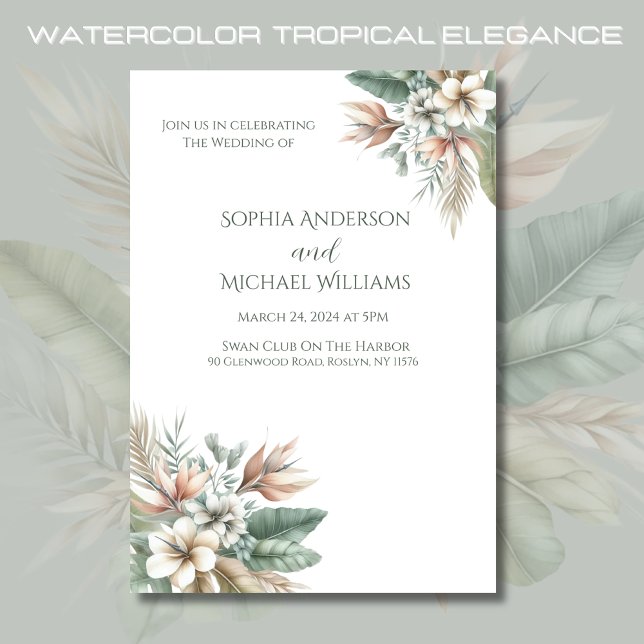 Invitation Elégance tropicale Aquarelle Mariage (Watercolor Tropical Elegance Wedding Collection- Sage Green and Peach)