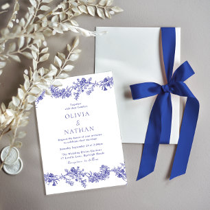 Invitation Élégance vintage : Royal Navy Blue Floral Mariage