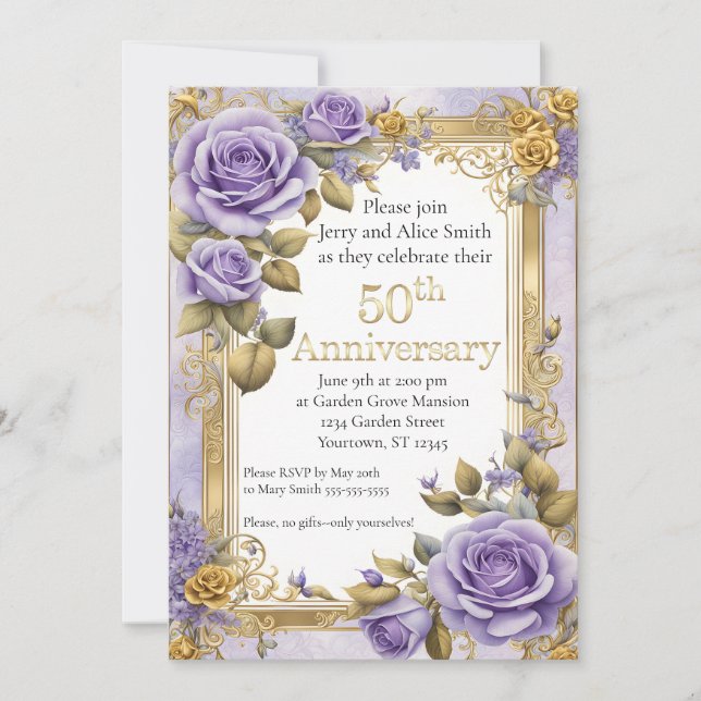 Invitation Élégance violette et or 50e anniversaire (Devant)