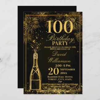 Invitation Elegant 100th Birthday Gold Bottle Fizz