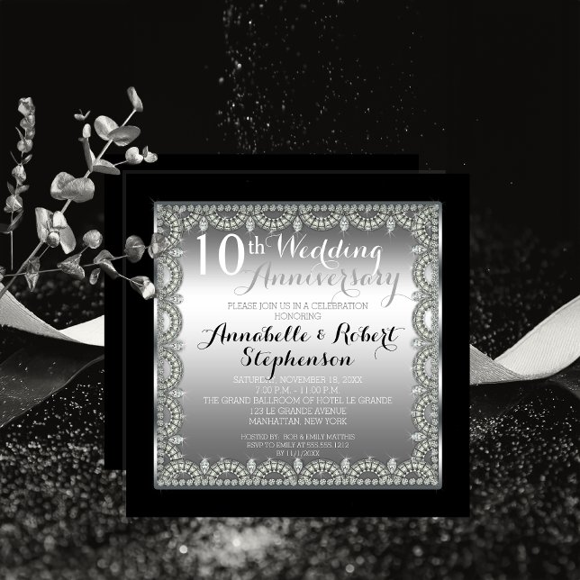 Invitation Élégant 10e Anniversaire Argent et Diamants (Elegant 10th Silver Tone Tin-Look and Faux Printed Diamonds Anniversary Square Invitation Print Digi)