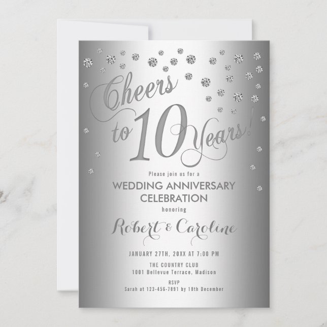 Invitation Élégant 10e Anniversaire de Mariage - Argent Blanc (Devant)