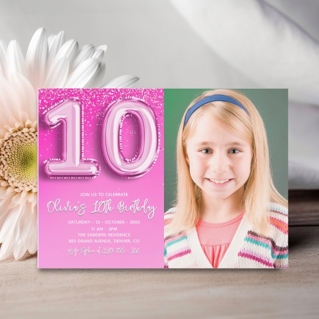 Invitation Elegant 10th Birthday girl with photo Numer Ballon (Créateur téléchargé)