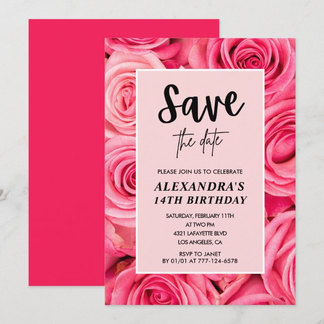 Invitation Élégant 14e anniversaire Fleur de rose Enregistrer (Devant / Derrière)