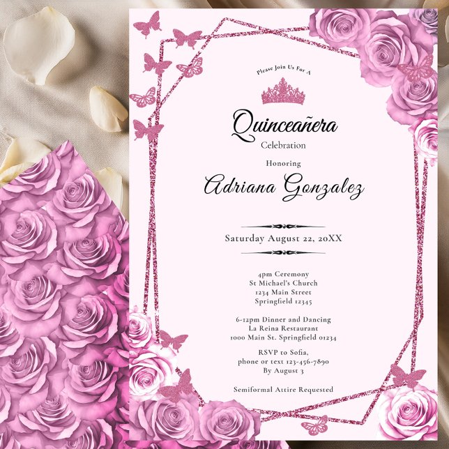 Invitation Elegant 15th birthday pink roses Quinceanera (Créateur téléchargé)