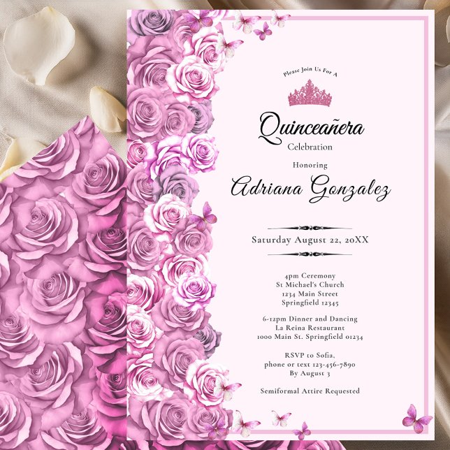 Invitation Elegant 15th birthday roses Pink Quinceanera (Créateur téléchargé)