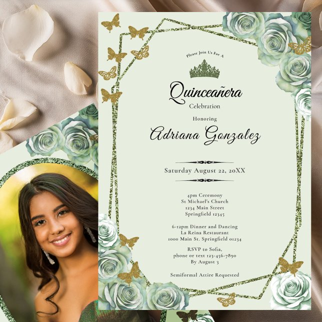 Invitation Elegant 15th birthday sage green gold Quinceanera (Créateur téléchargé)