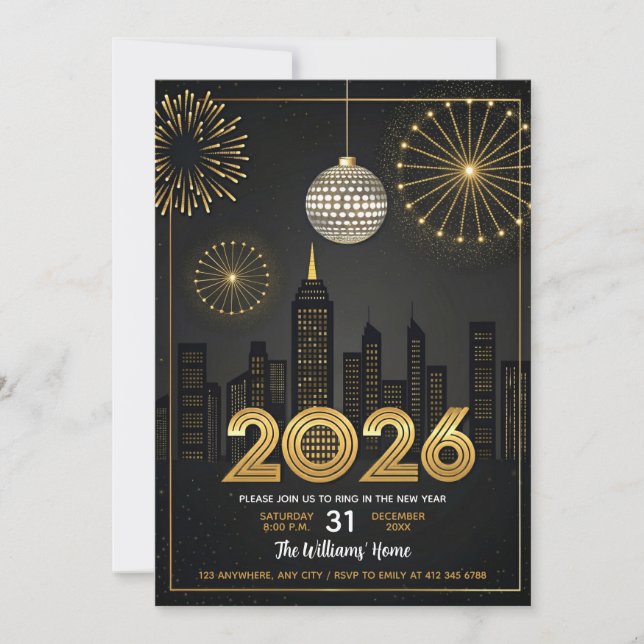 Invitation Elegant 2026 New Year's Eve -  Party Gold Glitter  (Devant)