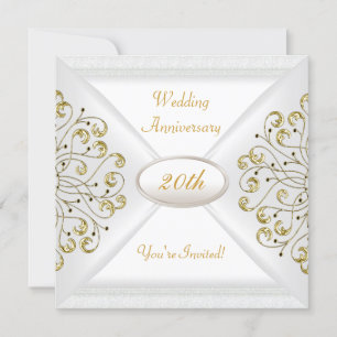 Invitation Élégant 20e Anniversaire de Mariage Or Blanc
