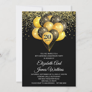 Invitation Élégant 20e anniversaire de mariage or et noir 