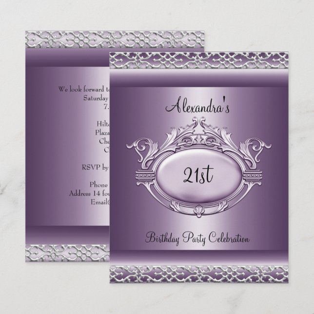 Invitation Élégant 21e anniversaire fête satin mauve mauve vi (Devant / Derrière)